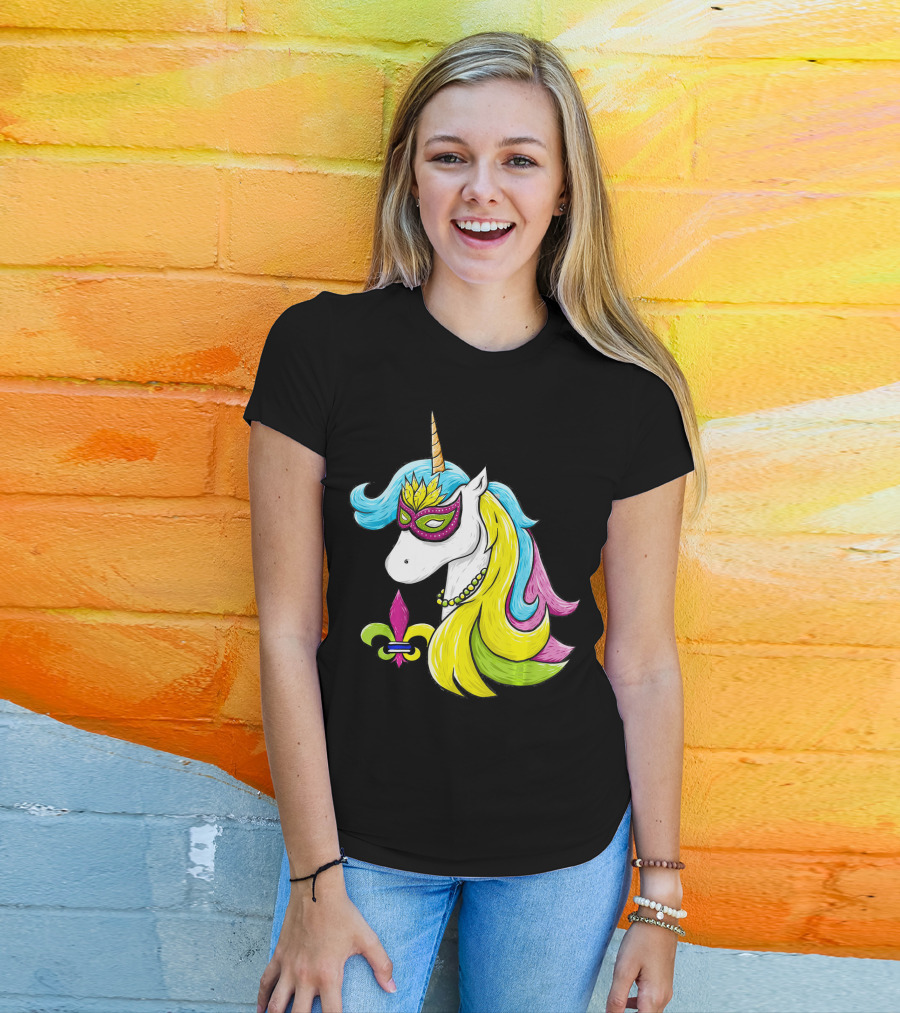 Mardi Gras Unicorn Mask With Fleur-de-Lis And Colorful Hair Fat Tuesday T-Shirt