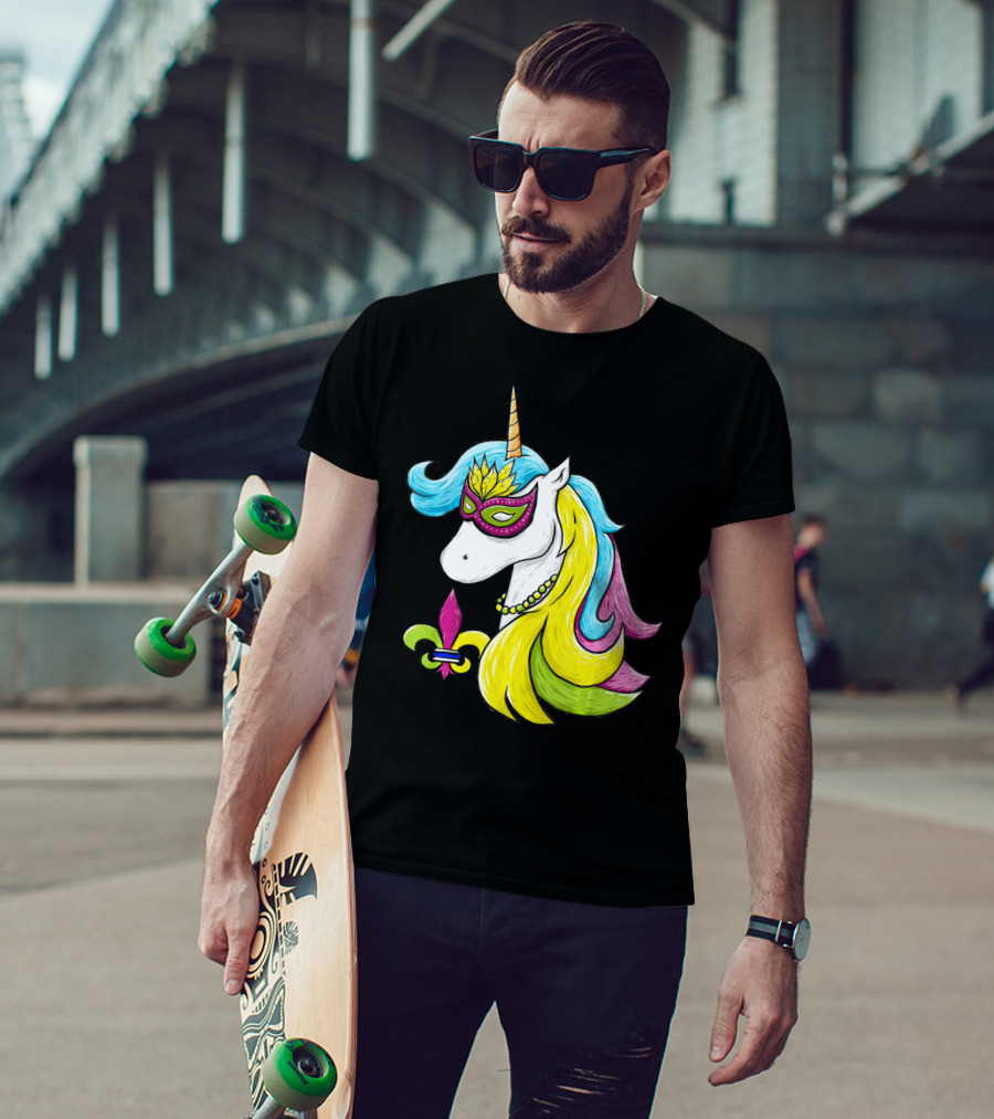 Mardi Gras Unicorn Mask With Fleur-de-Lis And Colorful Hair Fat Tuesday T-Shirt