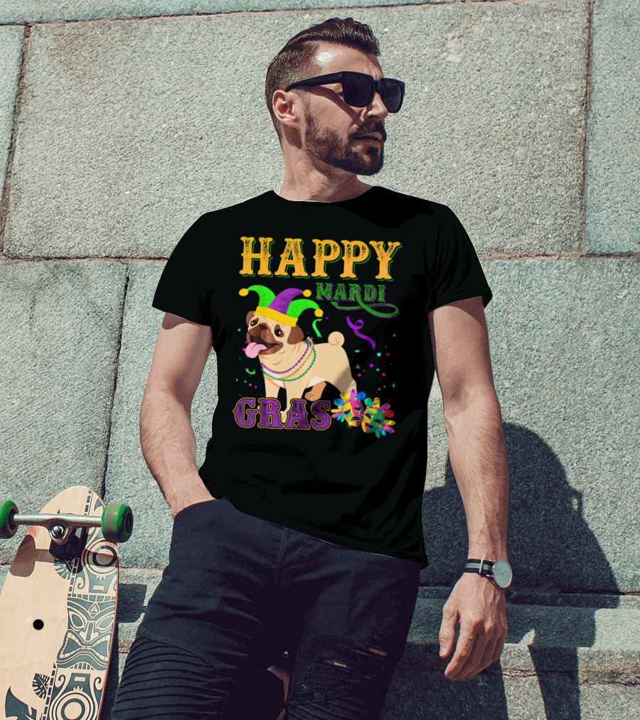 Happy Mardi Gras Pug Dog Costume Party T-Shirt