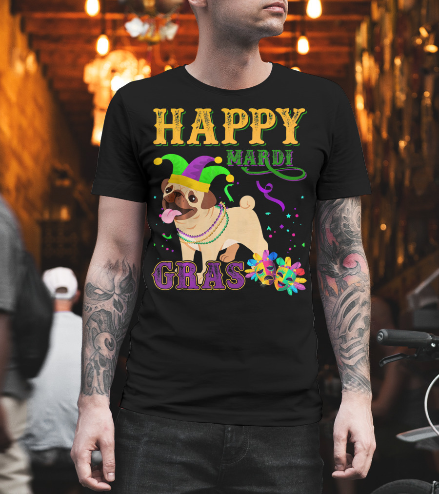 Happy Mardi Gras Pug Dog Costume Party T-Shirt