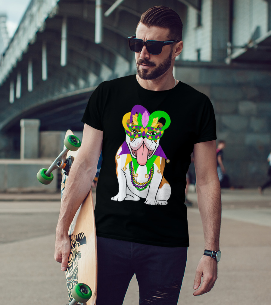 Mardi Gras English Bulldog Mask Beads Costume T-Shirt