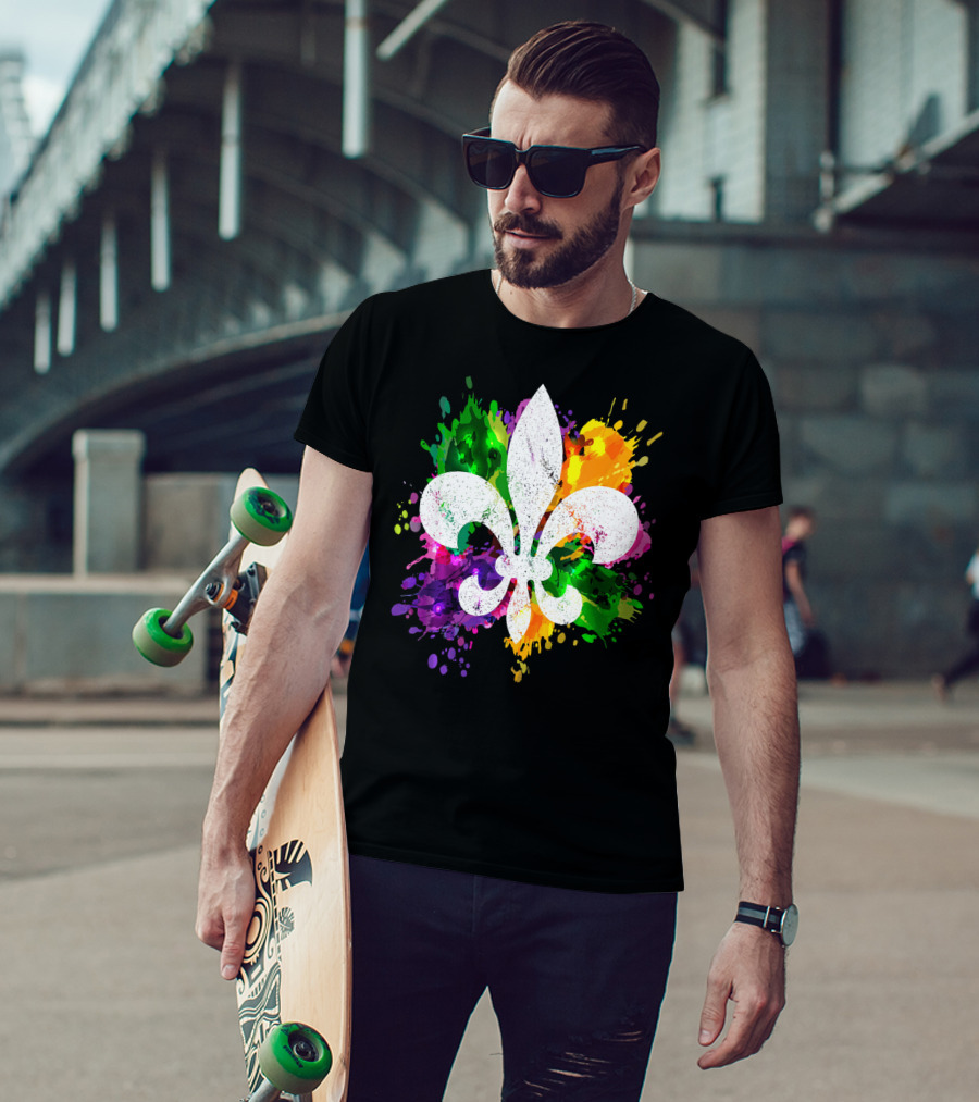 Mardi Gras Fleur De Lis Colorful Splatter Background T-Shirt