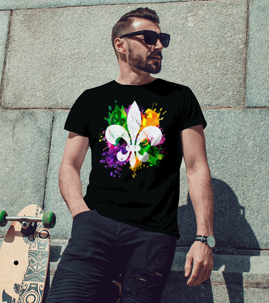Mardi Gras Fleur De Lis Colorful Splatter Background T-Shirt