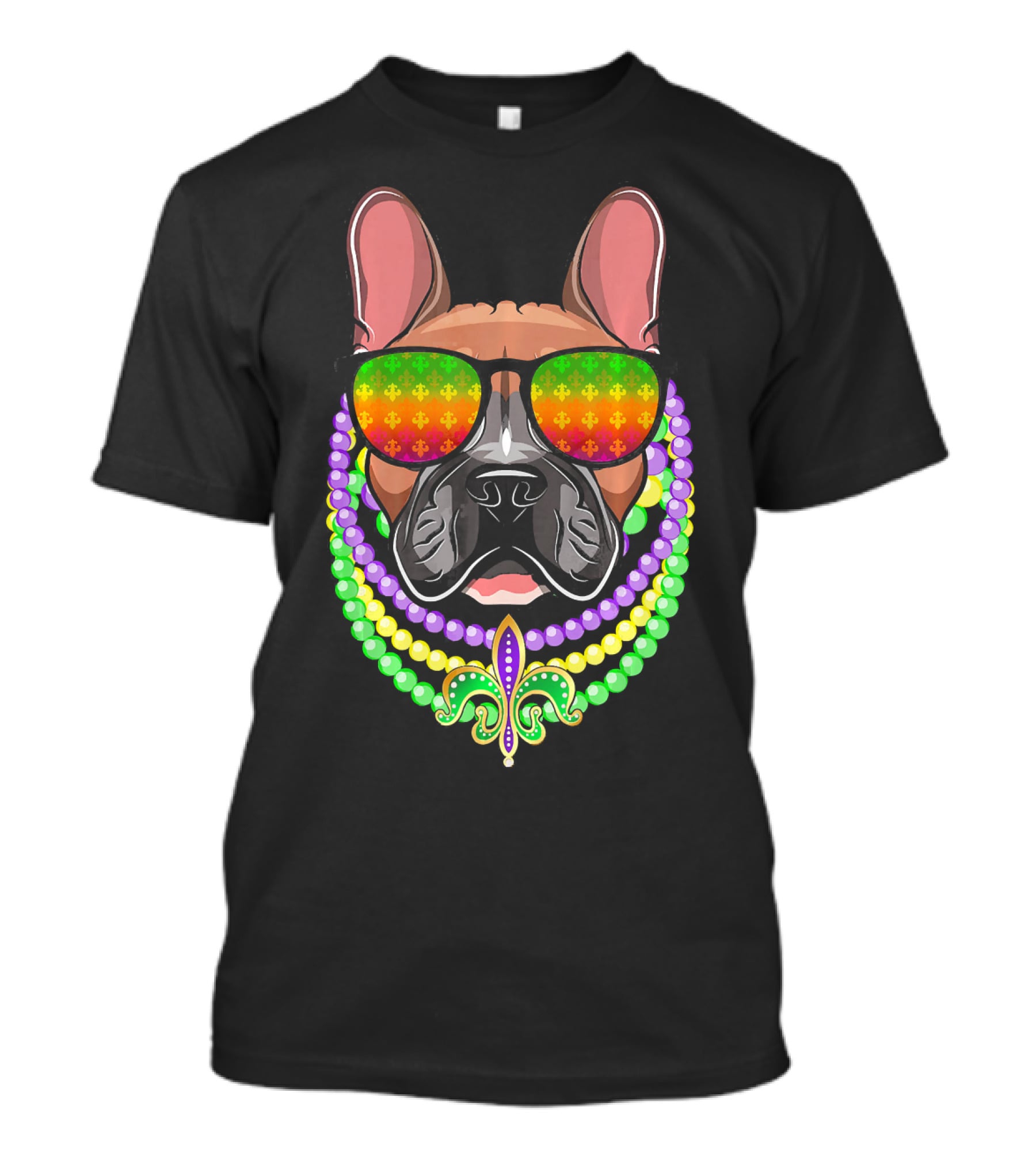 French Bulldog With Beads And Fleur-de-Lis Sunglasses For Mardi Gras T-Shirt