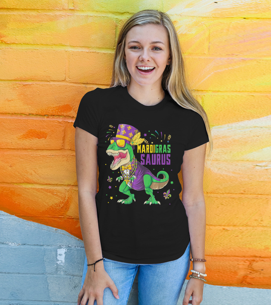 Mardi Gras Saurus T Rex Dinosaur Jester Kids T-Shirt