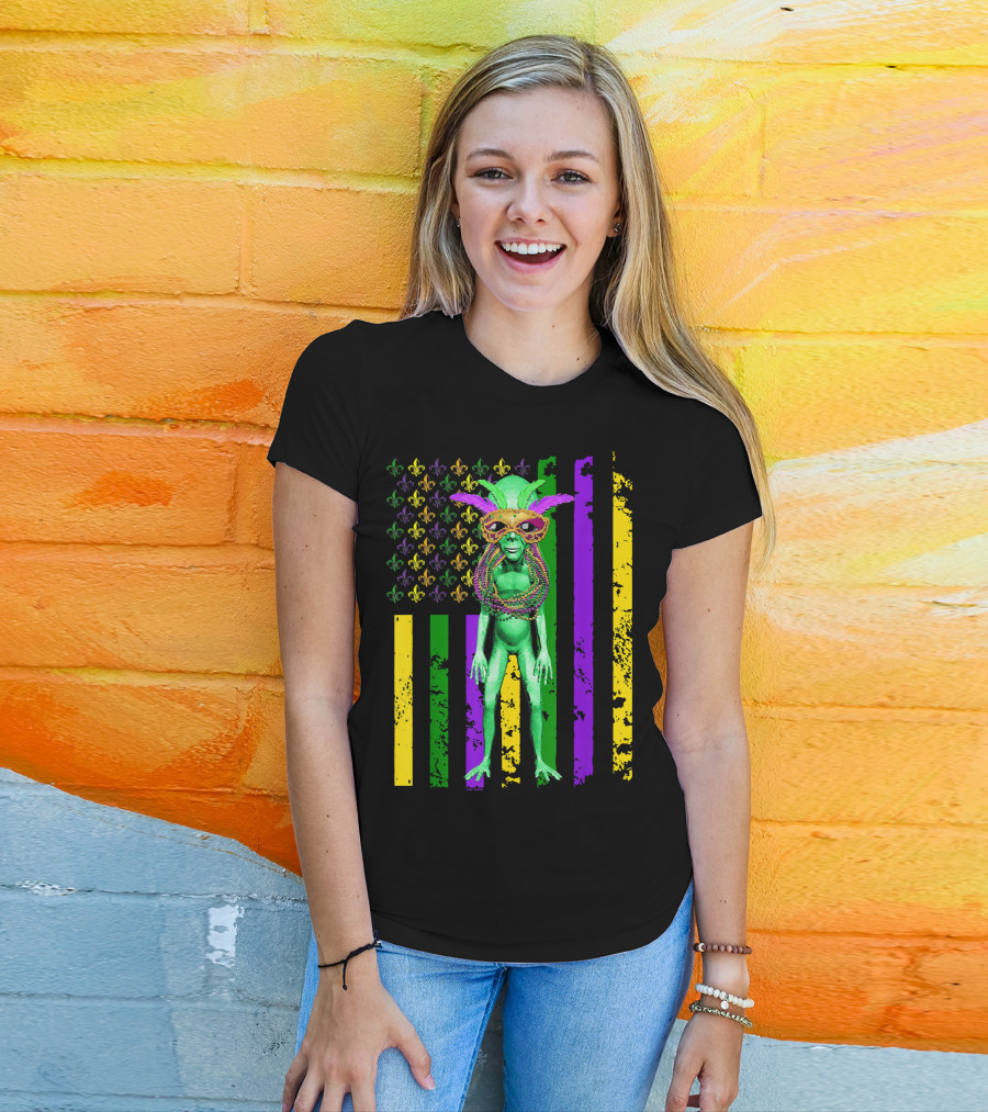 Mardi Gras Alien With Beads And Mask On American Flag T-Shirt