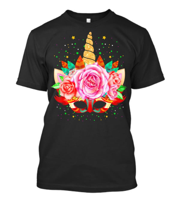 Mardi Gras Unicorn Mask With Roses And Feathers T-Shirt