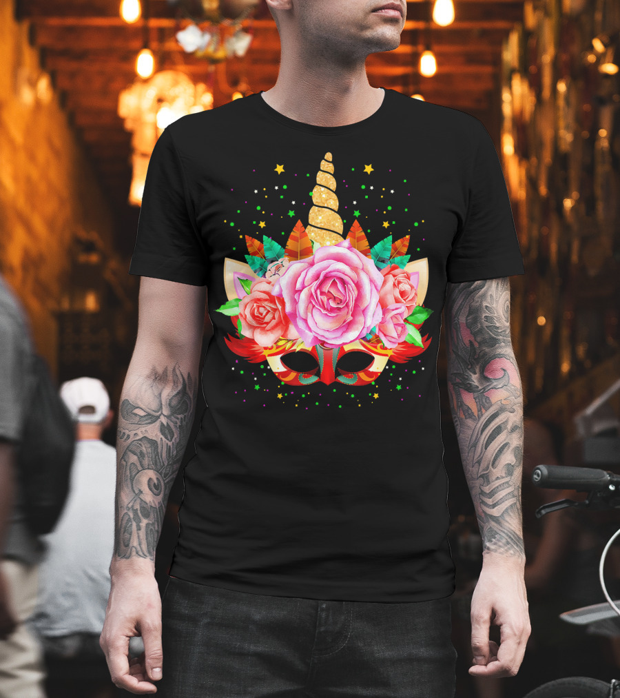 Mardi Gras Unicorn Mask with Roses and Feathers T-Shirt