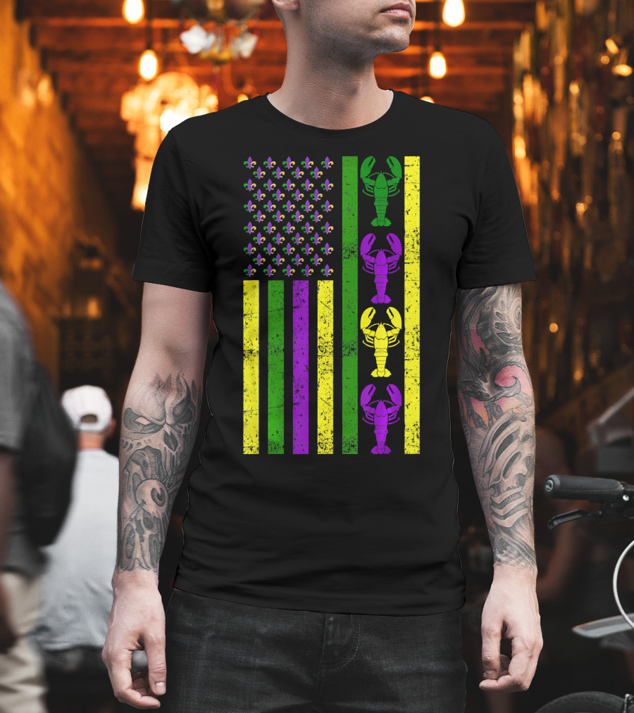 US Mardi Gras New Orleans Crawfish Fleur-de-Lis Flag T-Shirt