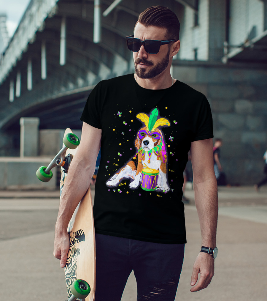 Mardi Gras Beagle In Mask With Feathers And Drum T-Shirt