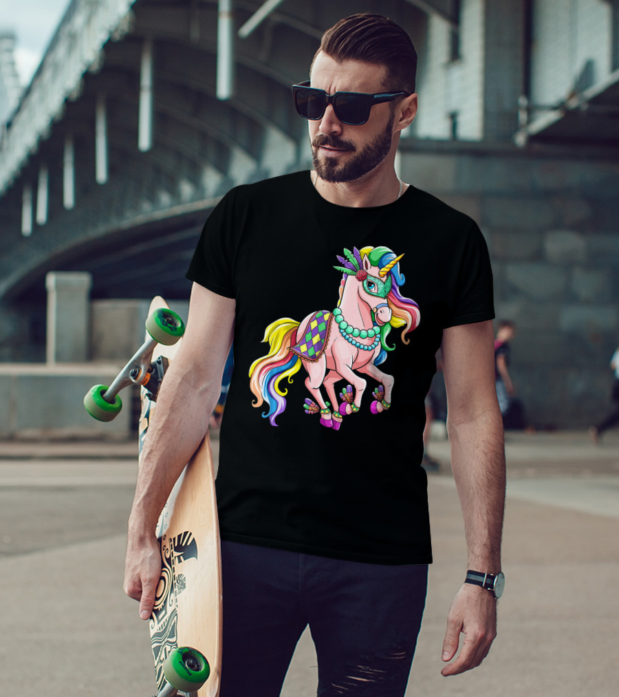 Kids Mardi Gras Unicorn With Colorful Mask And Beads T-Shirt