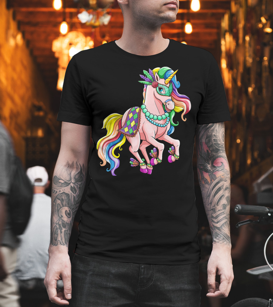 Kids Mardi Gras Unicorn With Colorful Mask And Beads T-Shirt