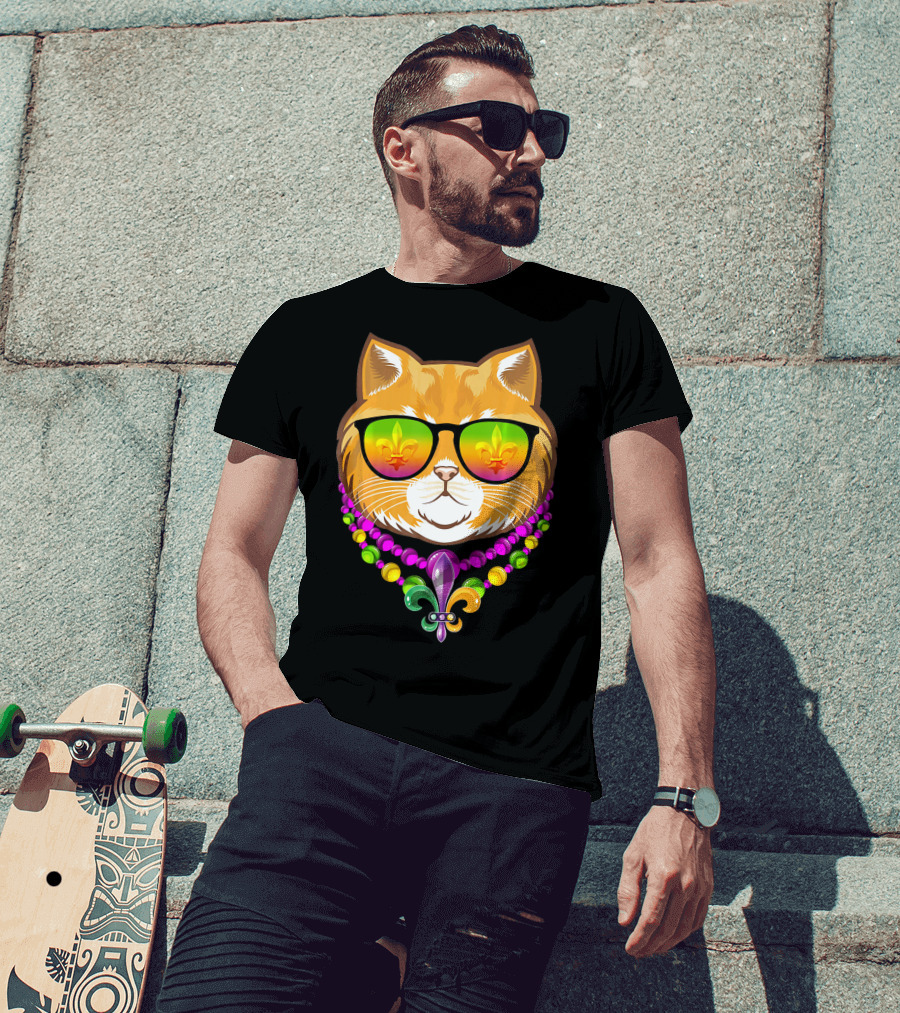 Mardi Gras Cat With Beads And Fleur-de-Lis Sunglasses T-Shirt