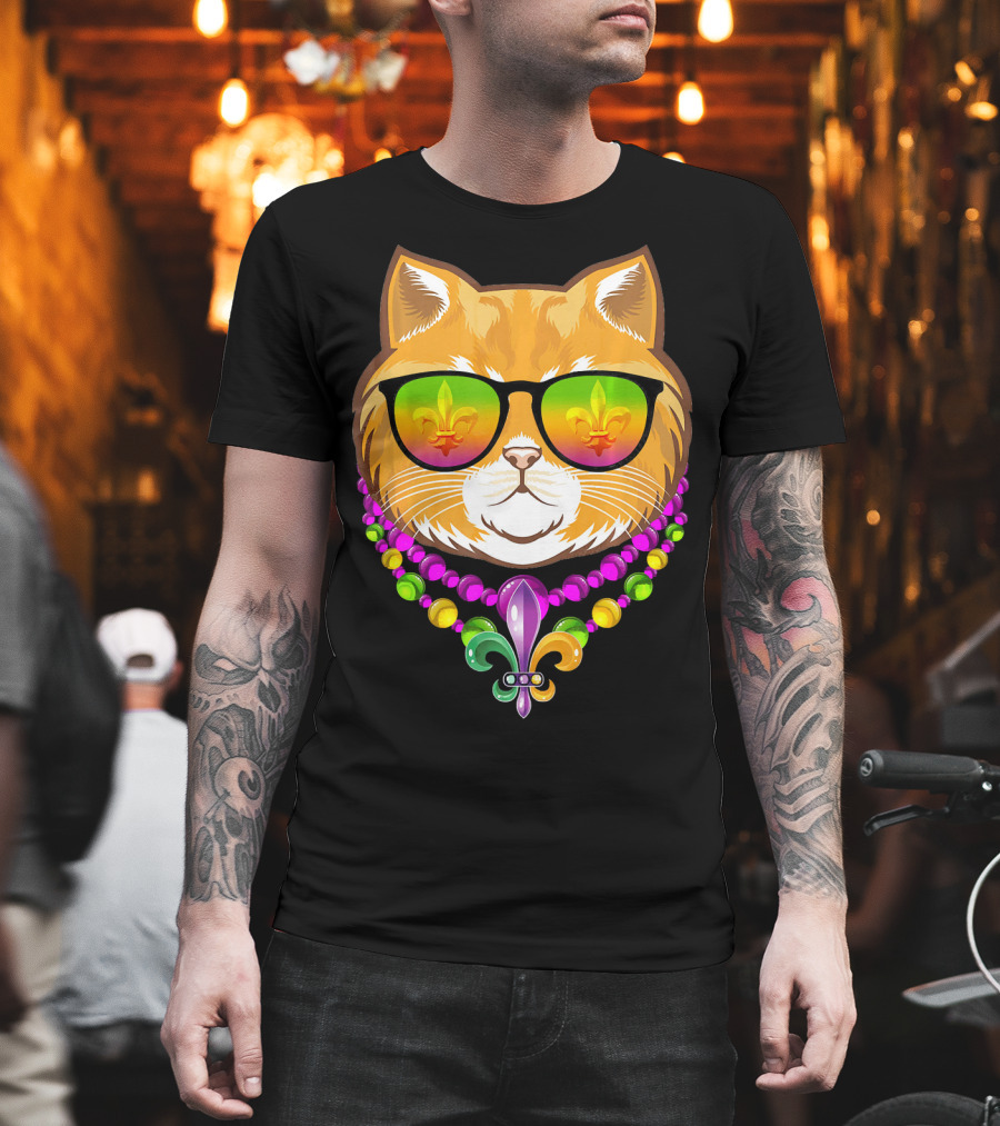 Mardi Gras Cat With Beads And Fleur-de-Lis Sunglasses T-Shirt