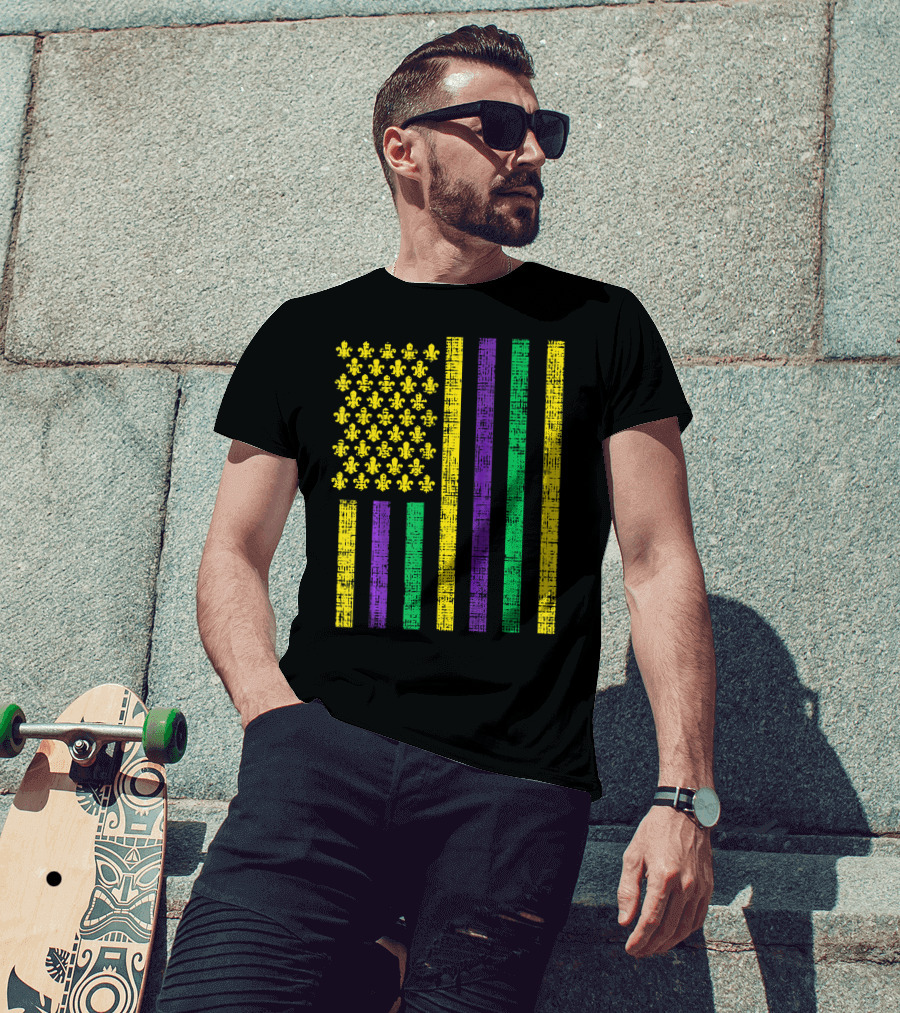 Purple Green Yellow Fleur-de-Lis US Flag Jester T-Shirt