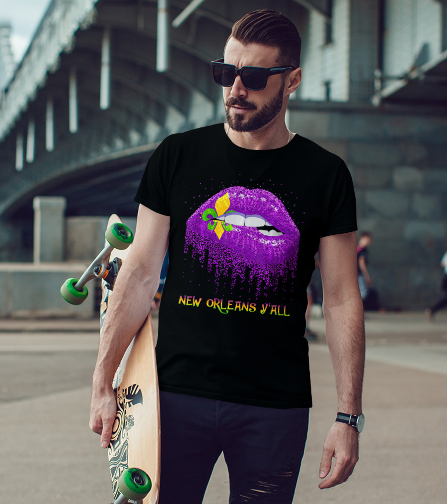 Fleur De Lys Purple Lips Biting New Orleans Y'all T-Shirt