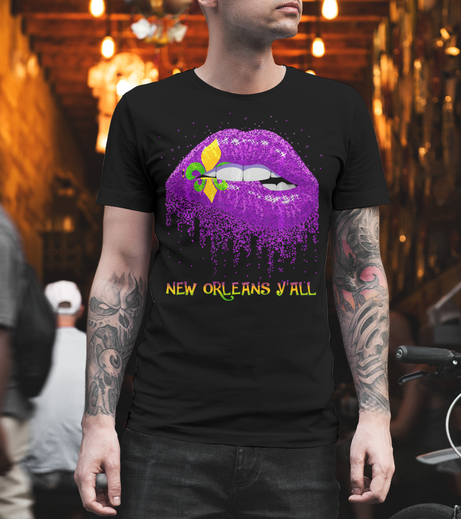 Fleur De Lys Purple Lips Biting New Orleans Y'all T-Shirt