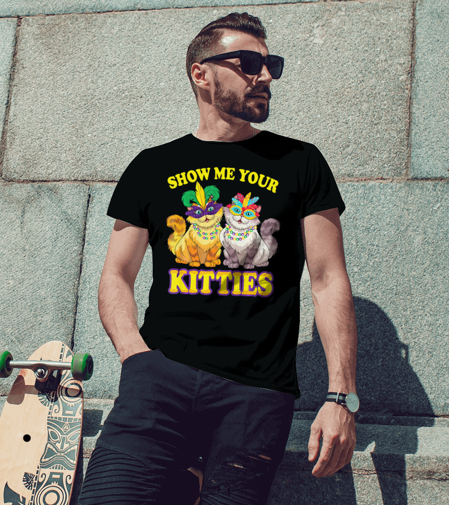 Show Me Your Kitties Mardi Gras Cats With Masks And Beads T-Shirt