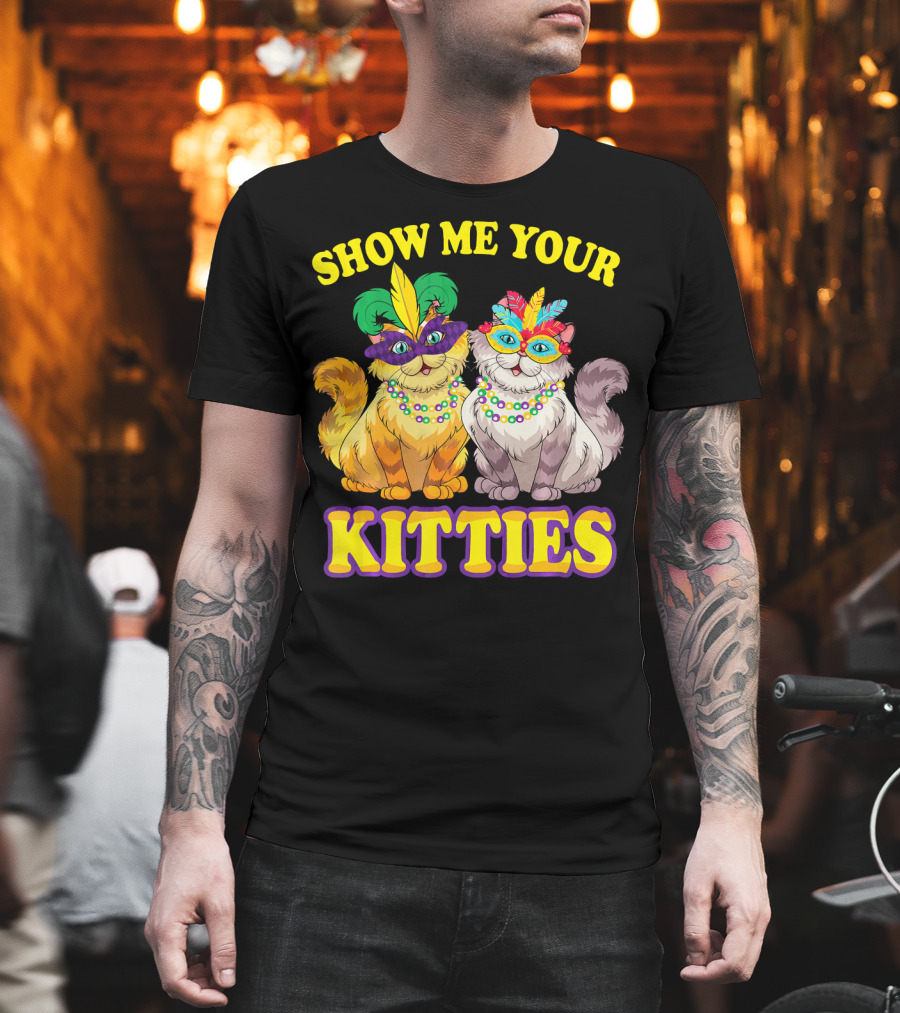 Show Me Your Kitties Mardi Gras Cats With Masks And Beads T-Shirt