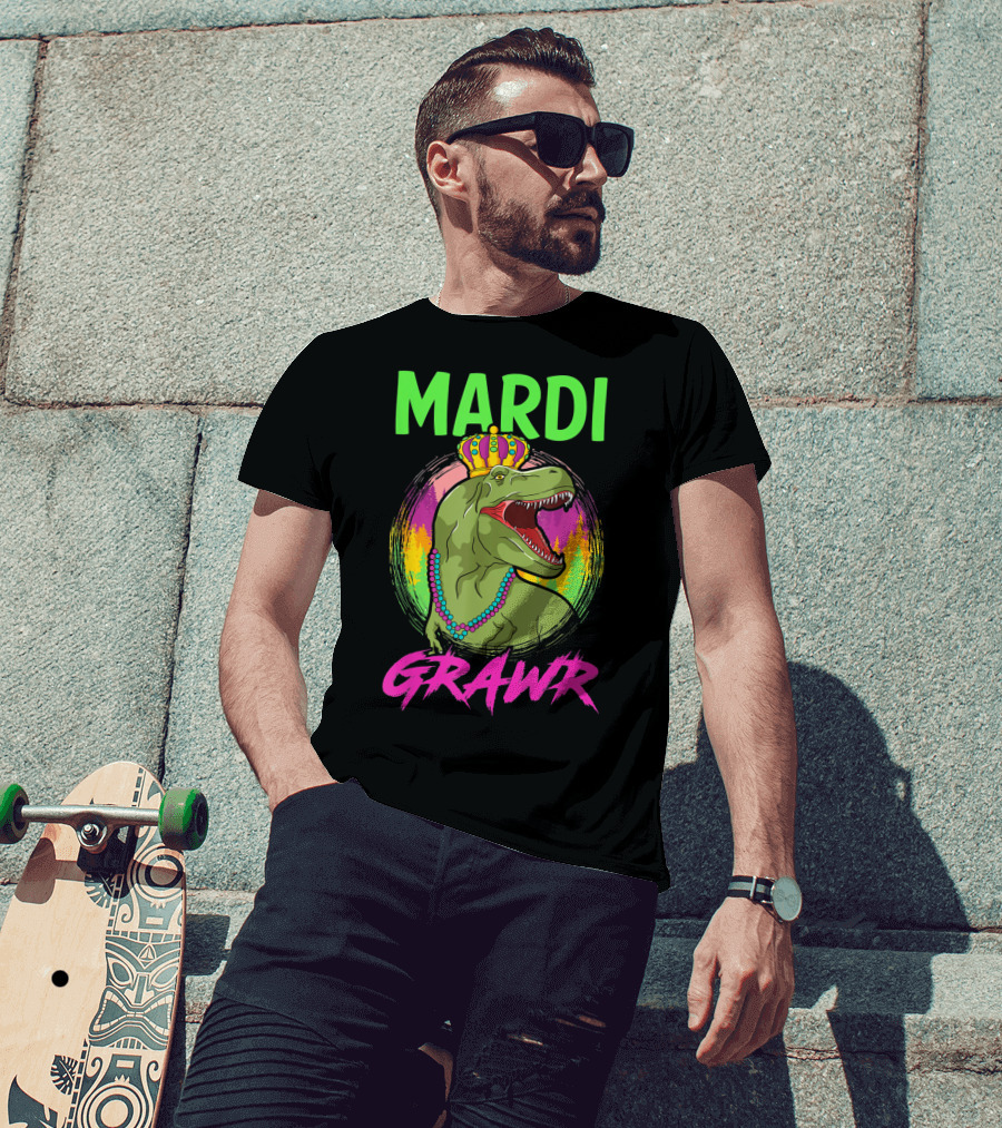 Mardi Grawr Rex Dinosaur In Beads And Crown With Rainbow Sunset T-Shirt