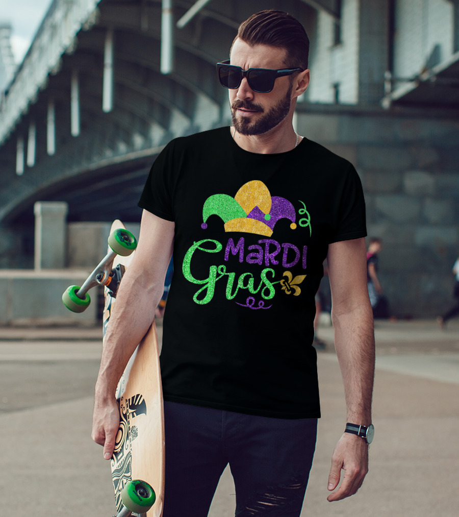 Mardi Gras Jester Hat Glitter Design Fleur-de-Lis T-Shirt