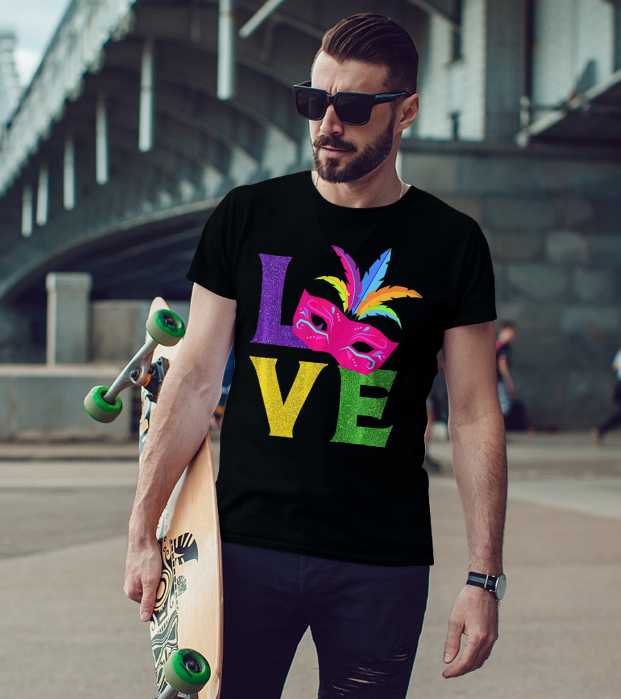 Love Colorful Carnival Feathered Mask Party T-Shirt