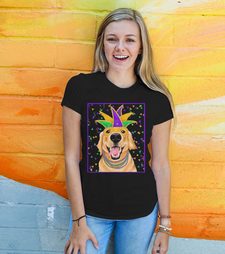Mardi Gras Golden Retriever Wearing Colorful Jester Mask And Beads T-Shirt