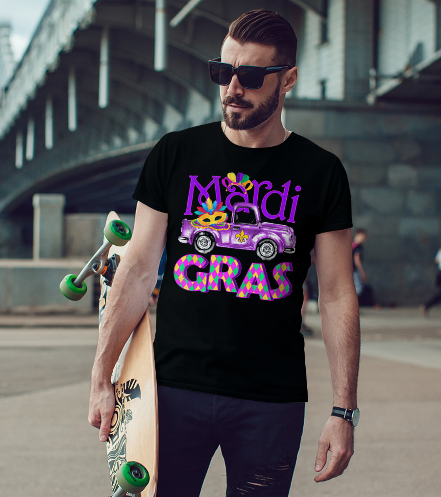 Mardi Gras Truck Mask With Colorful Feathered Costume T-Shirt