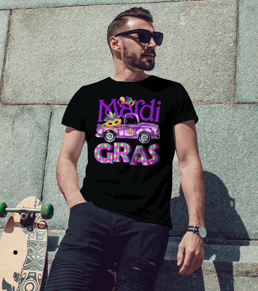 Mardi Gras Truck Mask With Colorful Feathered Costume T-Shirt