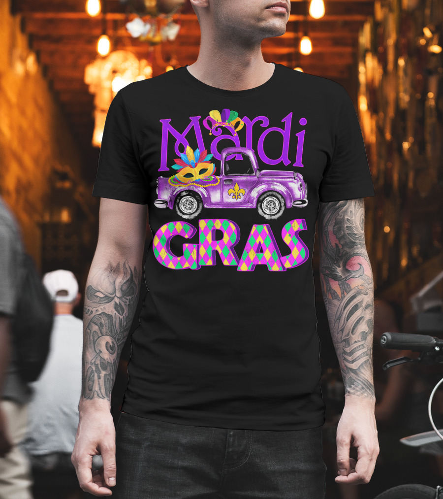 Mardi Gras Truck Mask With Colorful Feathered Costume T-Shirt