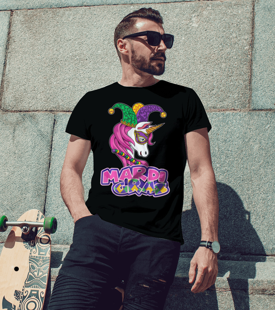 Mardi Gras Unicorn Jester Mask Carnival Lover T-Shirt