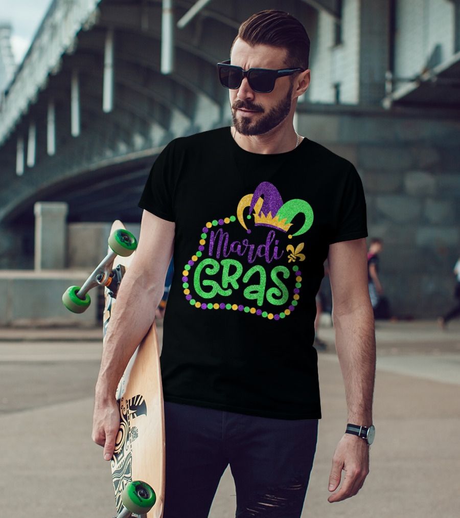 Mardi Gras Glitter Jester Hat Fleur De Lis T-Shirt
