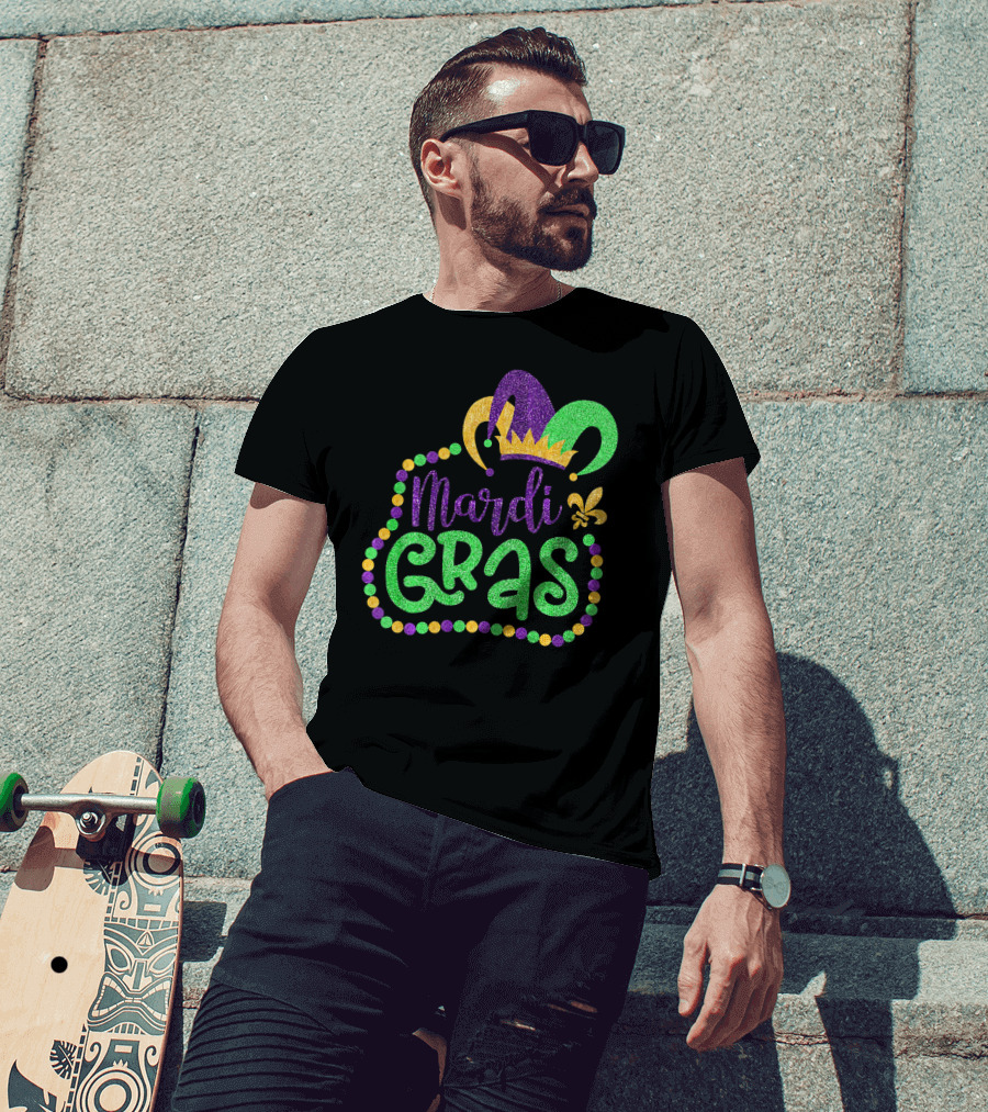Mardi Gras Glitter Jester Hat Fleur De Lis T-Shirt