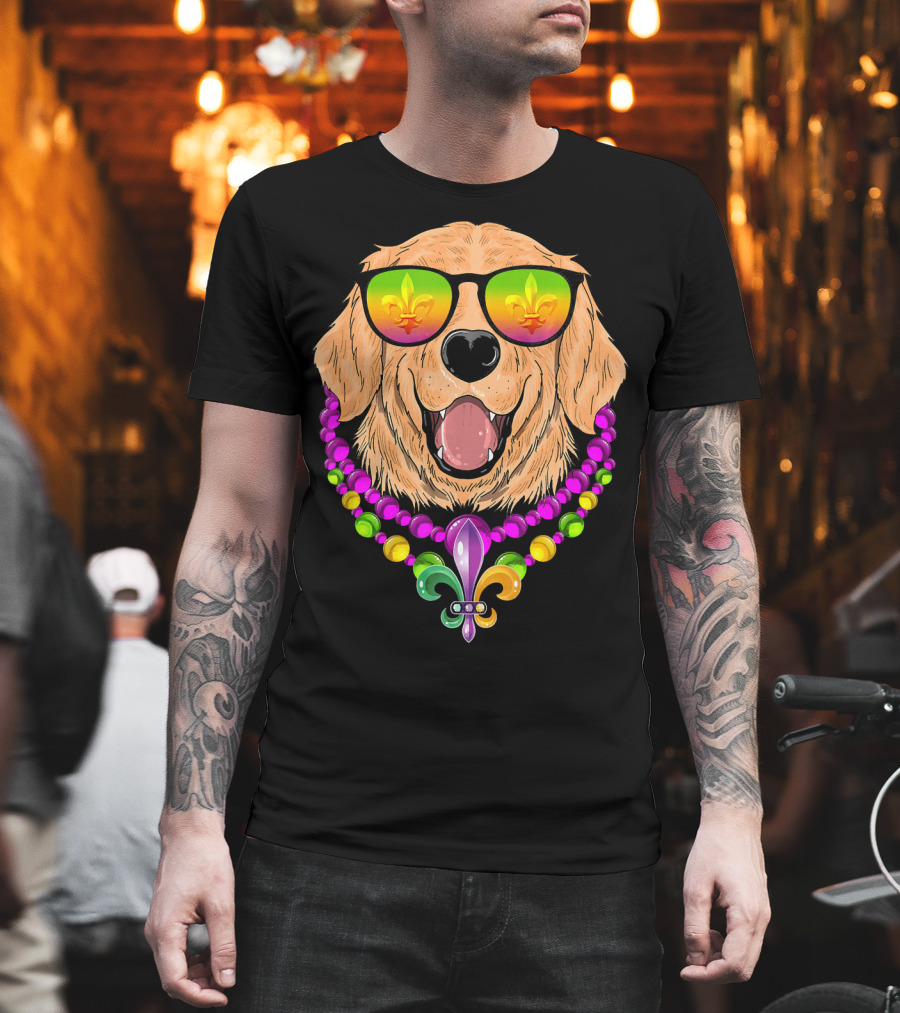 Golden Retriever With Fleur-de-Lis Beads And Sunglasses Mardi Gras T-Shirt