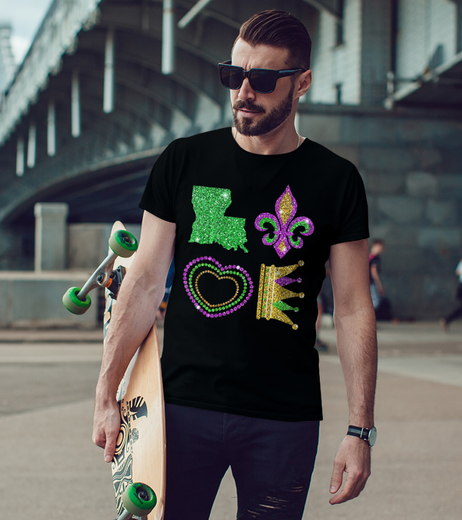 Love Mardi Gras Funny New Orleans Mardi Louisiana Glitter Fleur-de-Lis Heart Crown T-Shirt