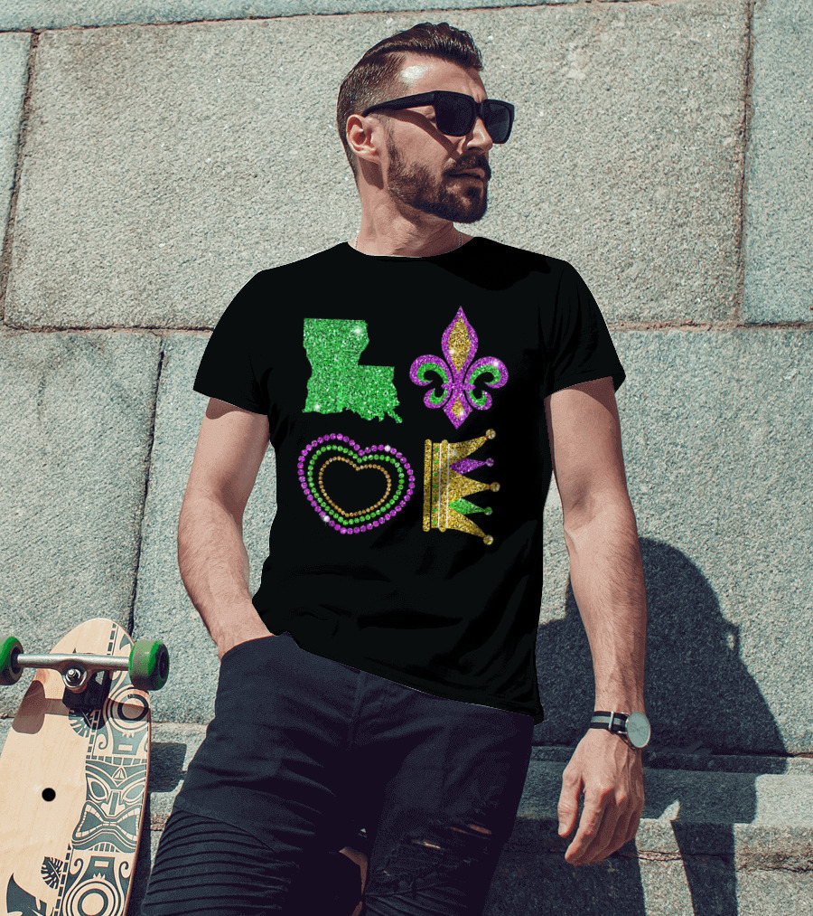 Love Mardi Gras Funny New Orleans Mardi Louisiana Glitter Fleur-de-Lis Heart Crown T-Shirt