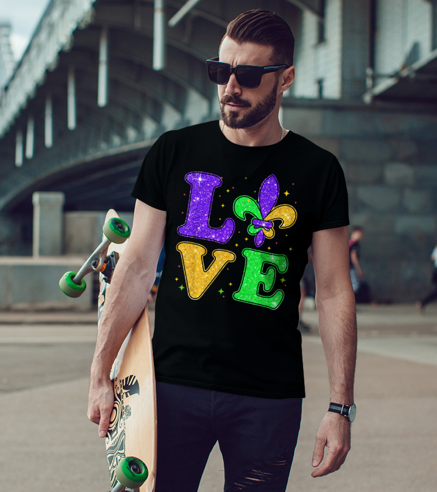 Love Mardi Gras Fleur De Lis Glitter T-Shirt