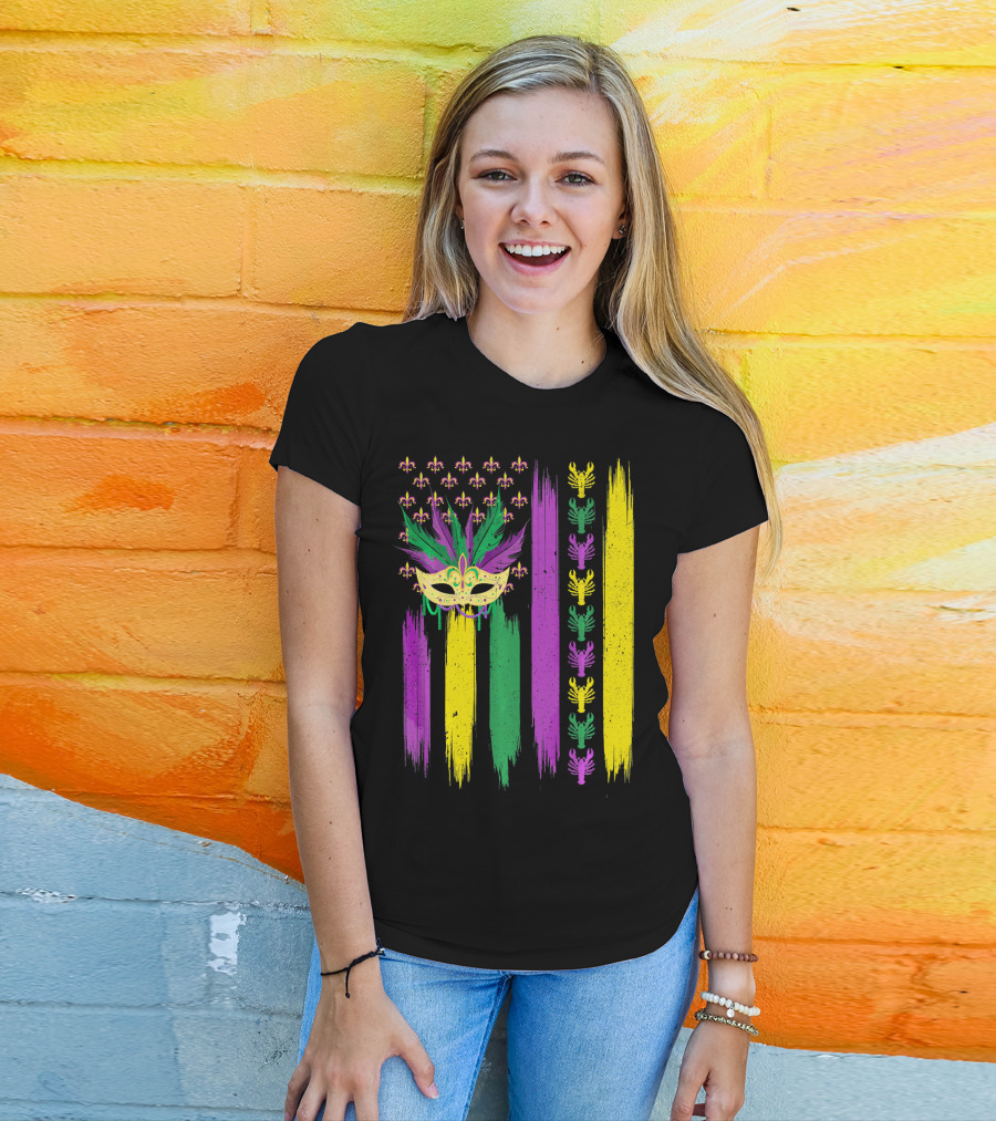 Crawfish Mask Mardi Gras Fleur-de-Lis American Flag Colors T-Shirt