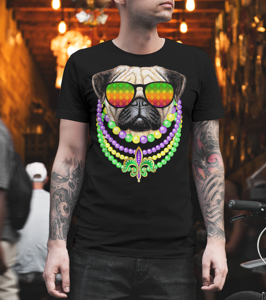 Pug with Beads and Sunglasses Fleur-de-Lis Mardi Gras T-Shirt