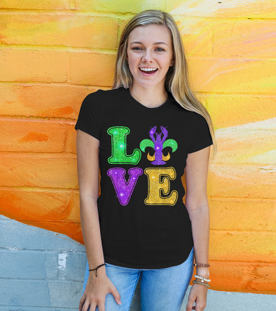 Mardi Gras Love Glitter Fleur De Lis Crawfish T-Shirt