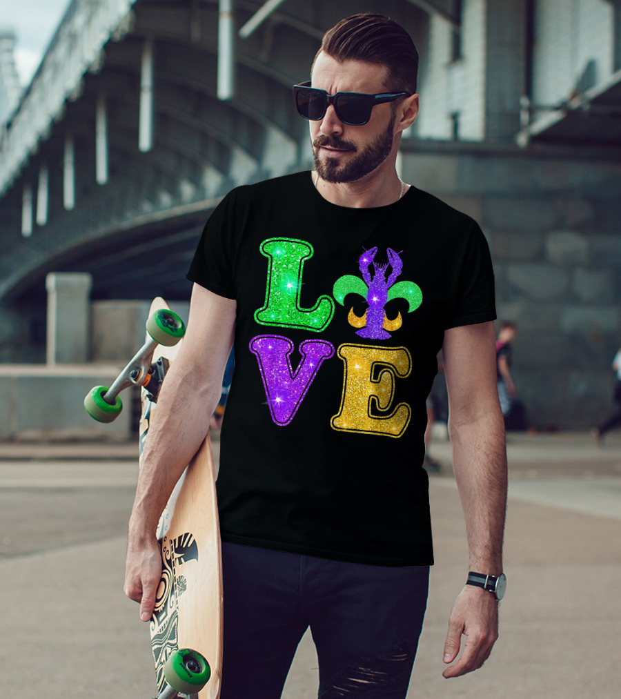 Mardi Gras Love Glitter Fleur De Lis Crawfish T-Shirt