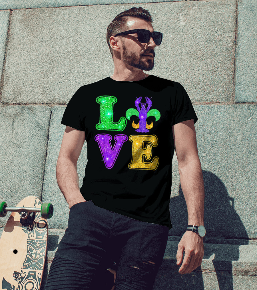 Mardi Gras Love Glitter Fleur De Lis Crawfish T-Shirt