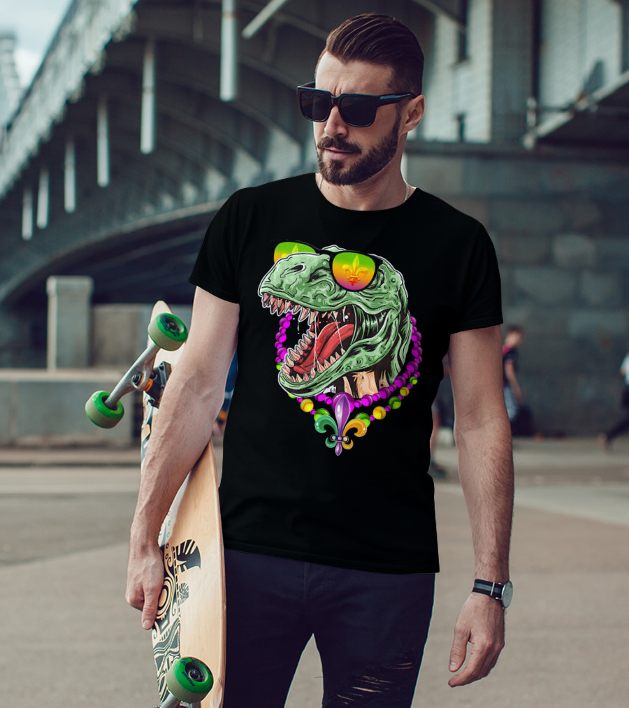 Dinosaur Rex Mardi Gras Beads With Fleur-de-Lis And Sunglasses T-Shirt
