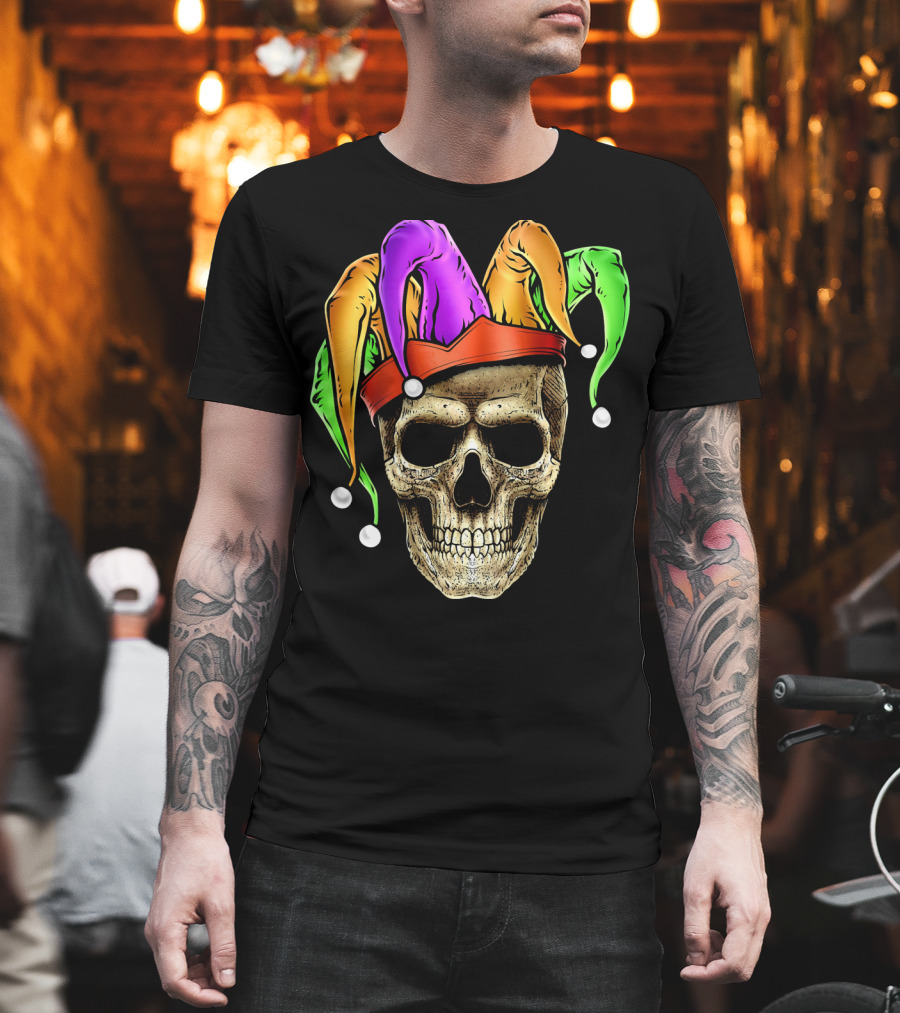 Skull Face Mardi Gras Jester Joker Colorful Hat T-Shirt