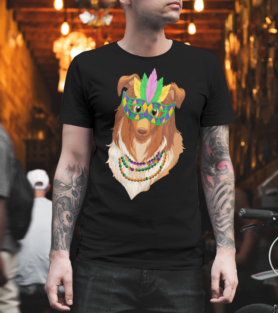 Collie Wearing Mardi Gras Mask and Beads T-Shirt
