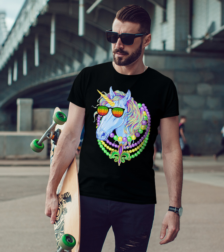 Unicorn With Sunglasses And Colorful Beads Featuring Fleur-de-Lis For Mardi Gras T-Shirt
