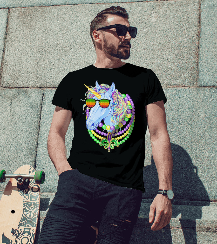 Unicorn With Sunglasses And Colorful Beads Featuring Fleur-de-Lis For Mardi Gras T-Shirt