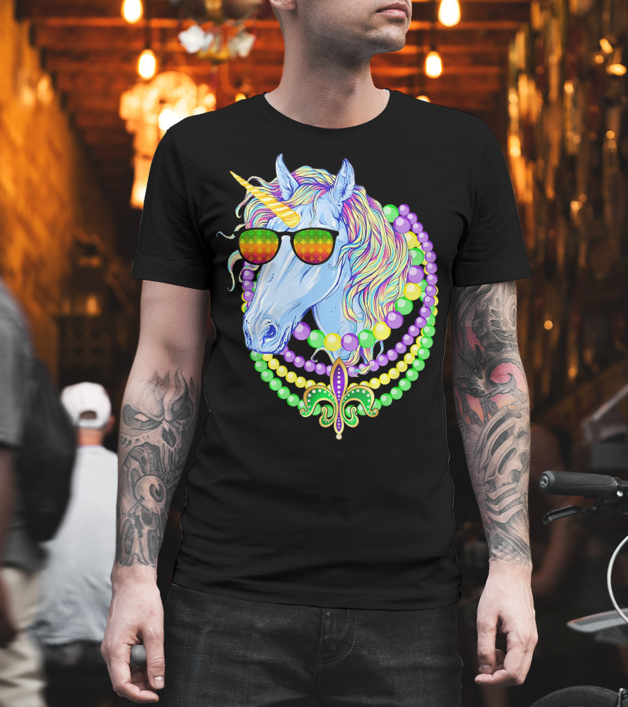 Unicorn With Sunglasses And Colorful Beads Featuring Fleur-de-Lis For Mardi Gras T-Shirt