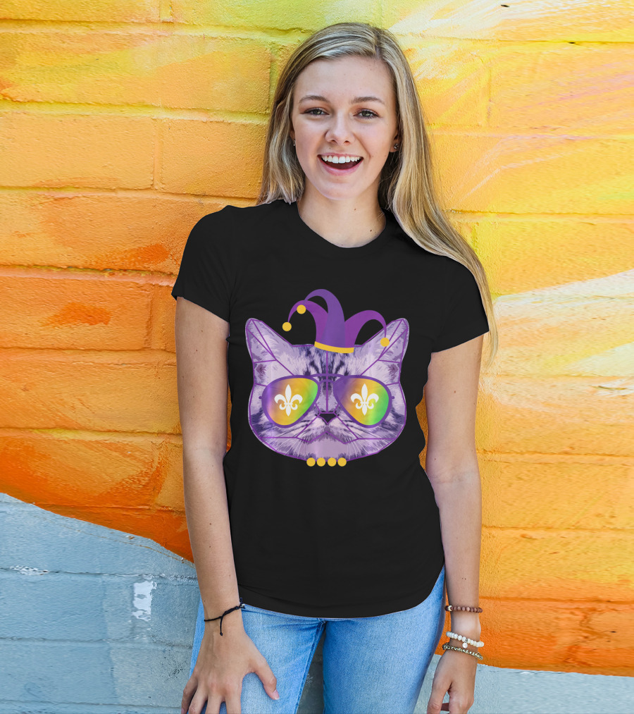 Funny Cat Jester Mask Sunglasses Cat Lover Fleur-de-lis T-Shirt