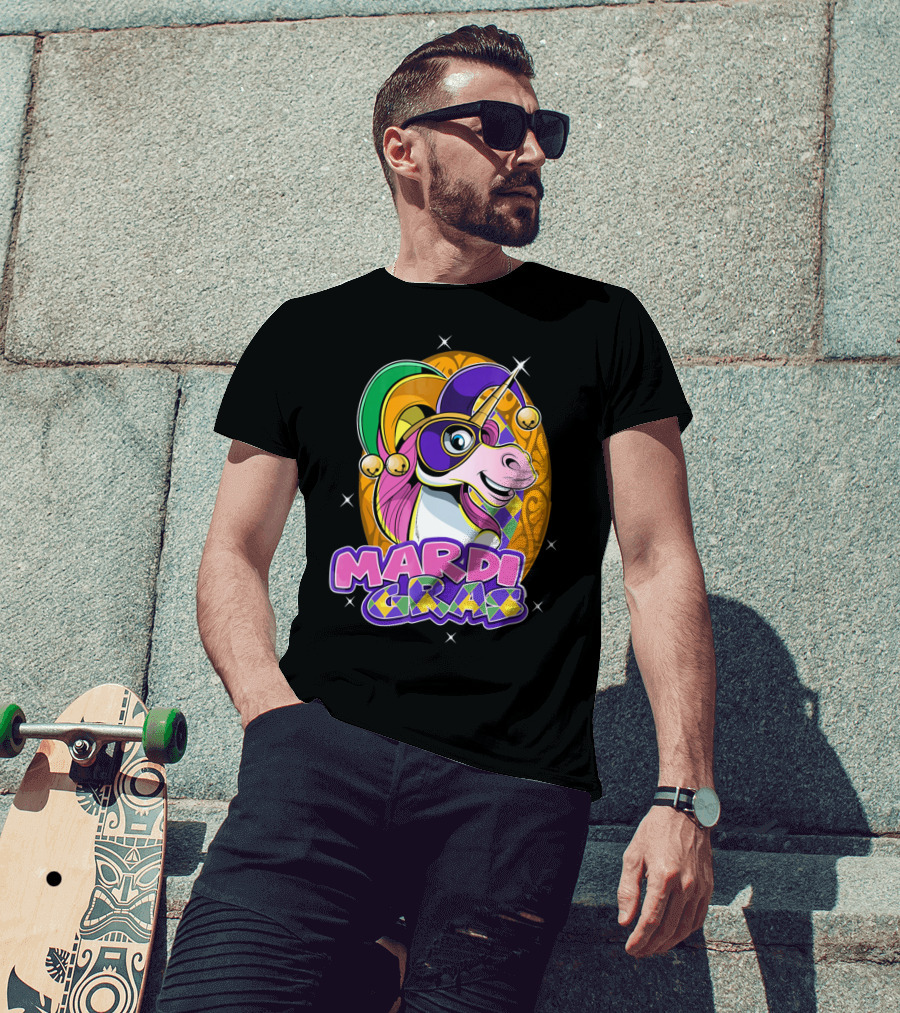 Mardi Gras Unicorn With Jester Hat And Masquerade Mask T-Shirt